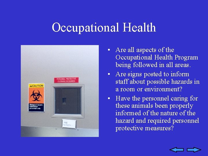 Occupational Health • Are all aspects of the Occupational Health Program being followed in