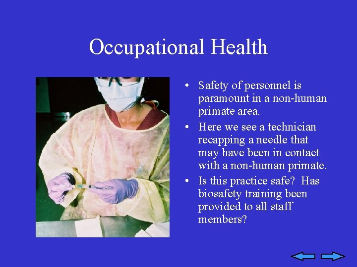 Occupational Health • Safety of personnel is paramount in a non-human primate area. •