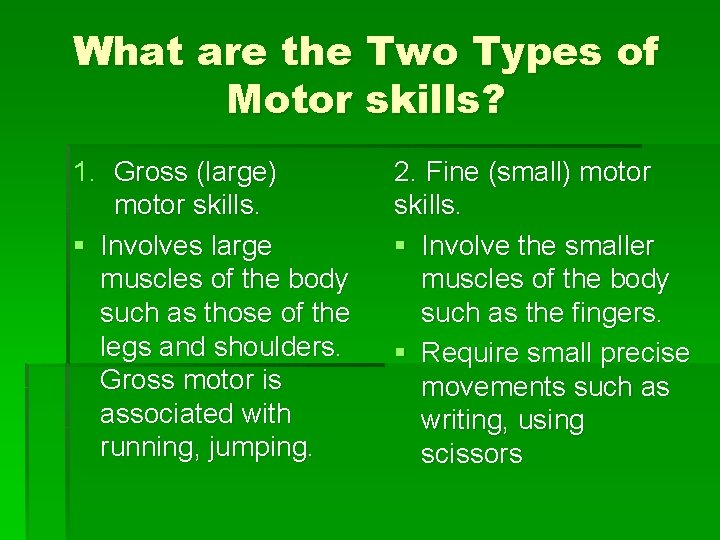 What are the Two Types of Motor skills? 1. Gross (large) motor skills. §