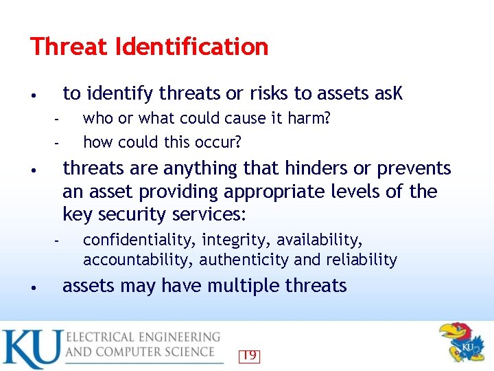 Threat Identification to identify threats or risks to assets as. K • – –