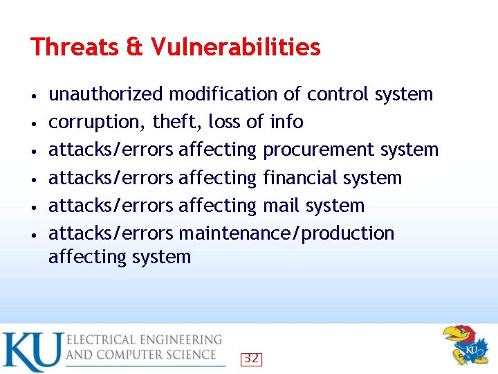 Threats & Vulnerabilities • • • unauthorized modification of control system corruption, theft, loss