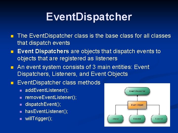 Event. Dispatcher n n The Event. Dispatcher class is the base class for all