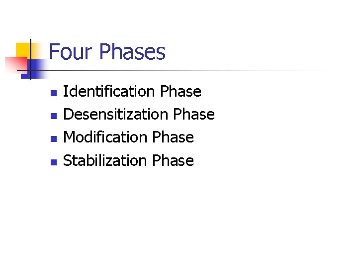 Four Phases n n Identification Phase Desensitization Phase Modification Phase Stabilization Phase 