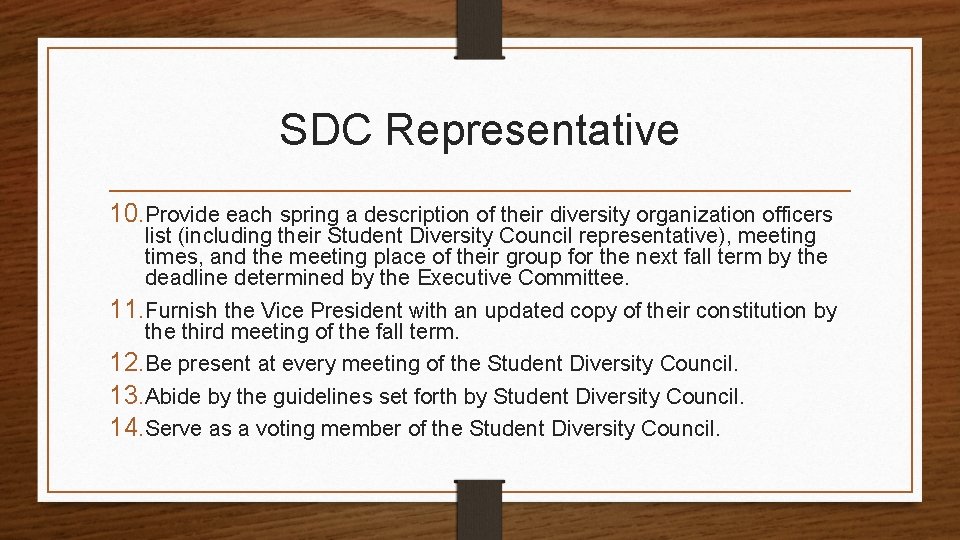 SDC Representative 10. Provide each spring a description of their diversity organization officers list