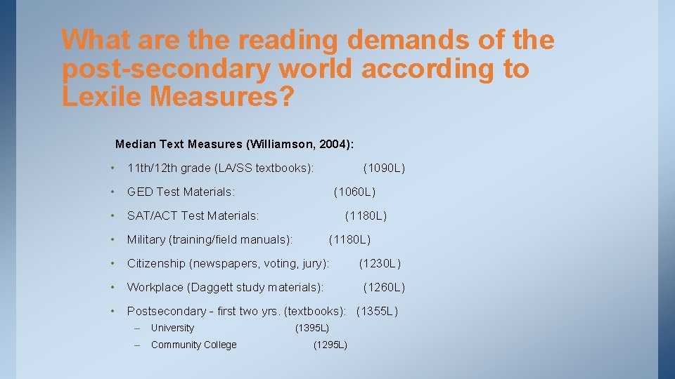 What are the reading demands of the post-secondary world according to Lexile Measures? Median