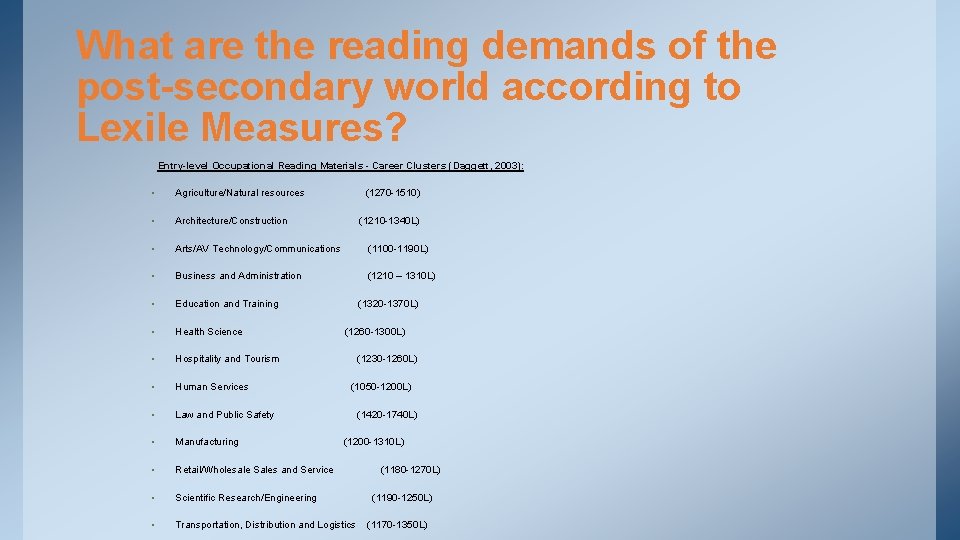 What are the reading demands of the post-secondary world according to Lexile Measures? Entry-level