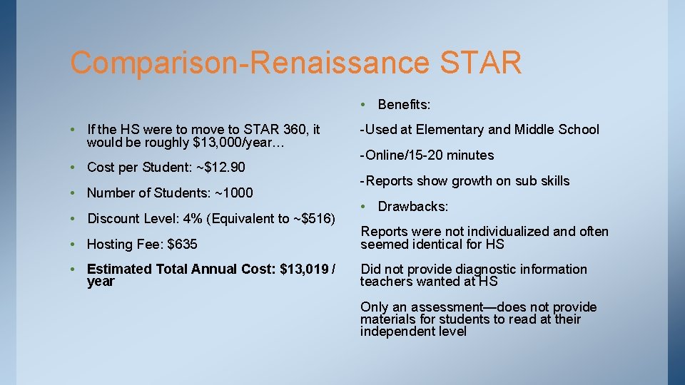 Comparison-Renaissance STAR • Benefits: • If the HS were to move to STAR 360,