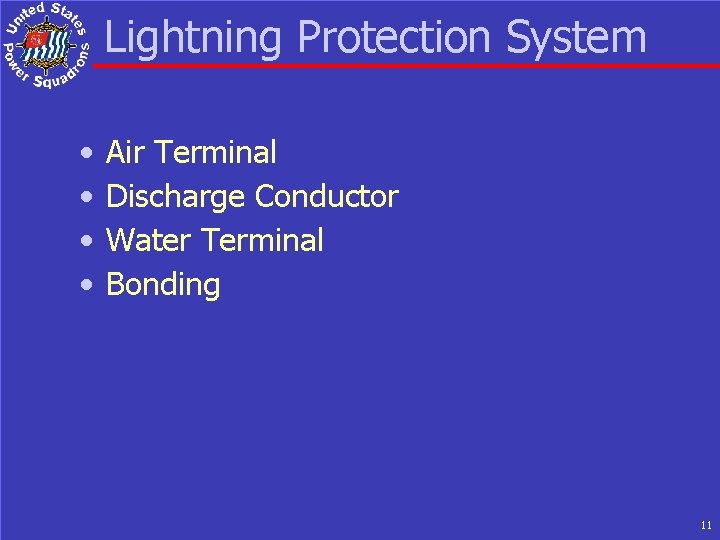 Lightning Protection System • • Air Terminal Discharge Conductor Water Terminal Bonding 11 