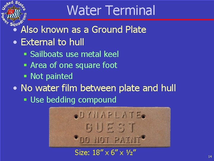Water Terminal • Also known as a Ground Plate • External to hull §