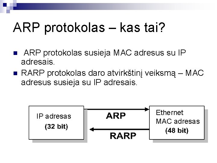 ARP protokolas – kas tai? n n ARP protokolas susieja MAC adresus su IP