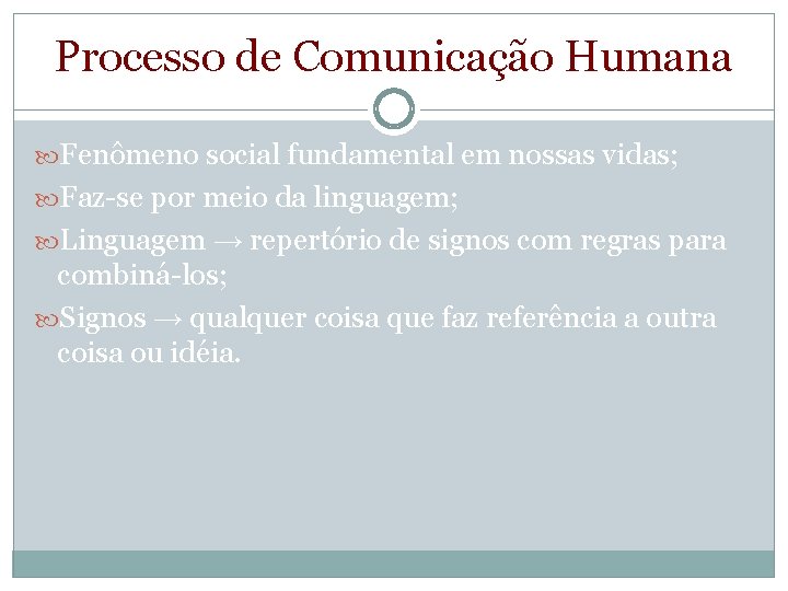 Processo de Comunicação Humana Fenômeno social fundamental em nossas vidas; Faz-se por meio da