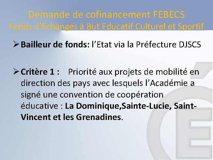 Demande de cofinancement FEBECS Fonds d’Echanges à But Educatif Culturel et Sportif Ø Bailleur Demande de cofinancement FEBECS Fonds d’Echanges à But Educatif Culturel et Sportif Ø Bailleur