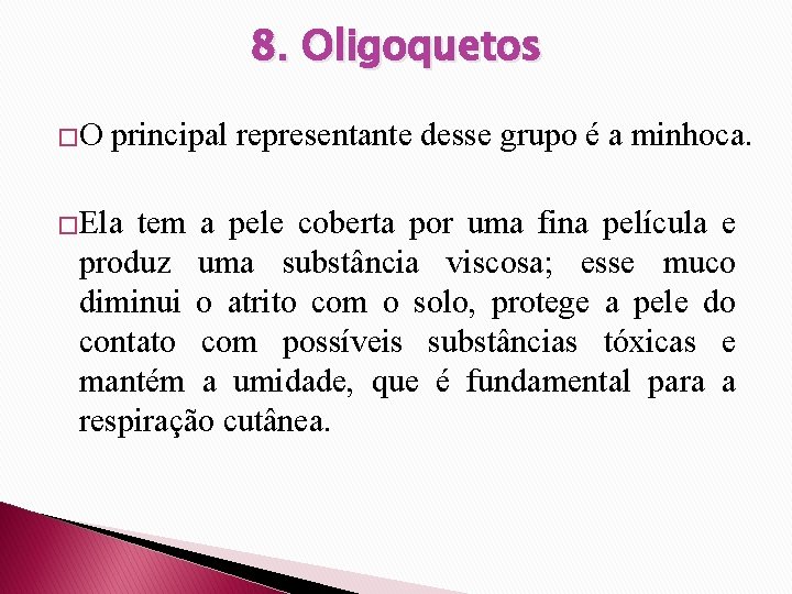 8. Oligoquetos �O principal representante desse grupo é a minhoca. �Ela tem a pele