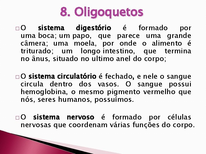 8. Oligoquetos �O sistema digestório é formado por uma boca; um papo, que parece