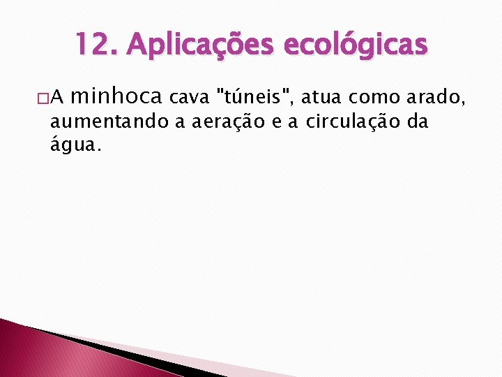 12. Aplicações ecológicas �A minhoca cava "túneis", atua como arado, aumentando a aeração e