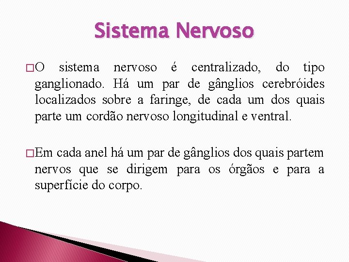 Sistema Nervoso � O sistema nervoso é centralizado, do tipo ganglionado. Há um par