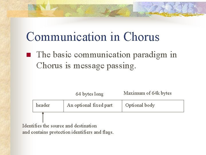 Communication in Chorus n The basic communication paradigm in Chorus is message passing. 64