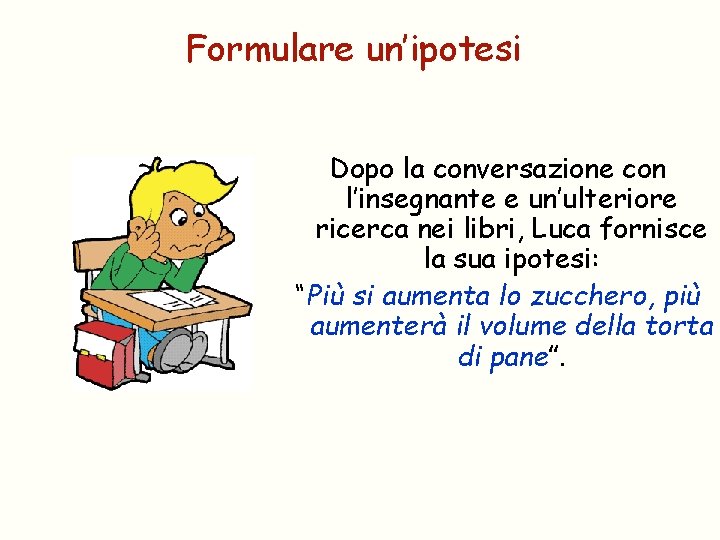 Formulare un’ipotesi Dopo la conversazione con l’insegnante e un’ulteriore ricerca nei libri, Luca fornisce