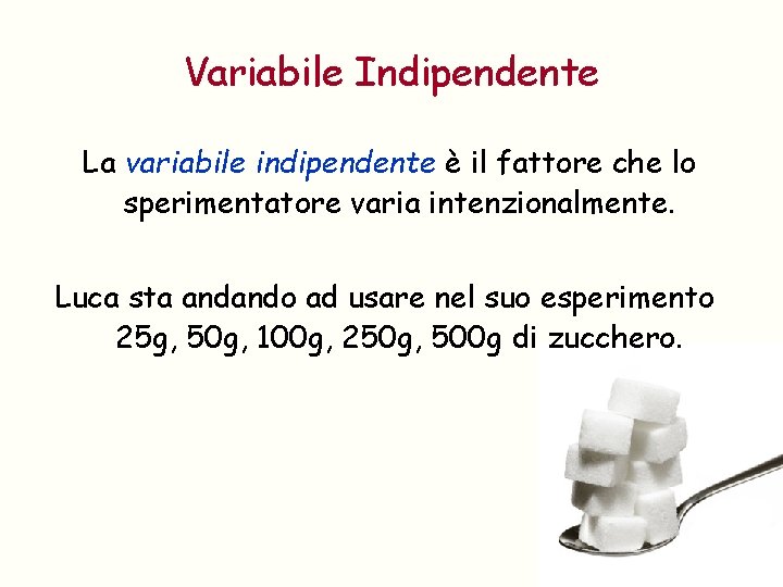Variabile Indipendente La variabile indipendente è il fattore che lo sperimentatore varia intenzionalmente. Luca
