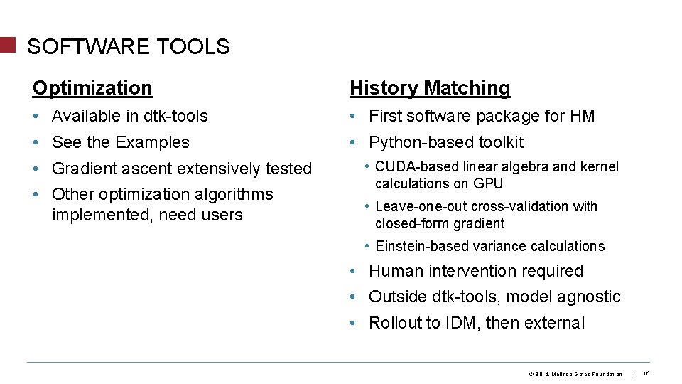 SOFTWARE TOOLS Optimization History Matching • Available in dtk-tools • First software package for