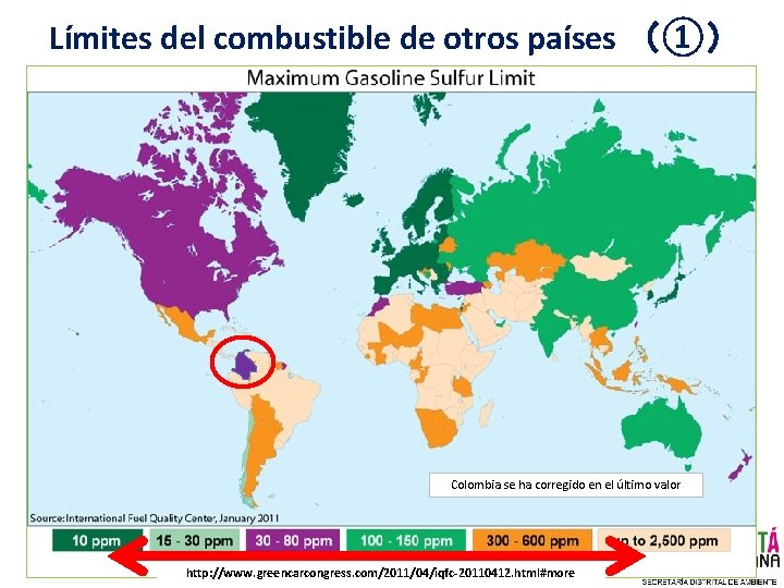 Límites del combustible de otros países （①） （01. 2011） Colombia se ha corregido en