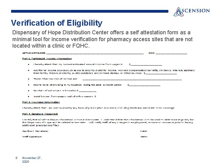 Verification of Eligibility Dispensary of Hope Distribution Center offers a self attestation form as