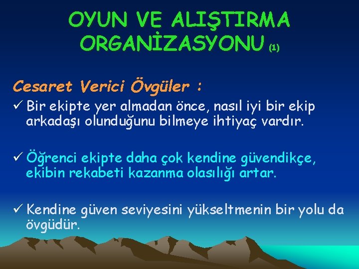 OYUN VE ALIŞTIRMA ORGANİZASYONU (1) Cesaret Verici Övgüler : ü Bir ekipte yer almadan