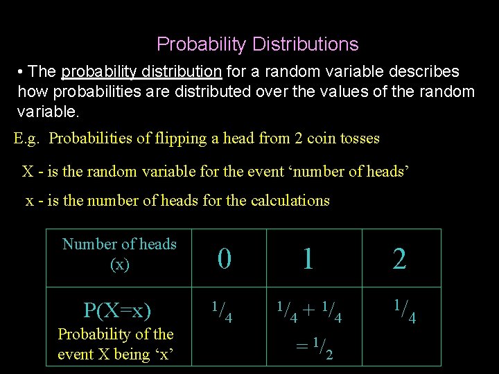 Probability Distributions • The probability distribution for a random variable describes how probabilities are