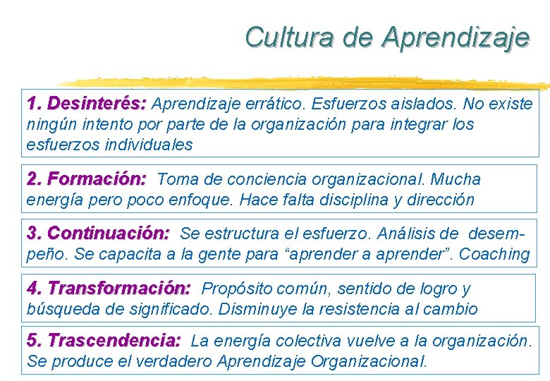 Cultura de Aprendizaje 1. Desinterés: Aprendizaje errático. Esfuerzos aislados. No existe ningún intento por