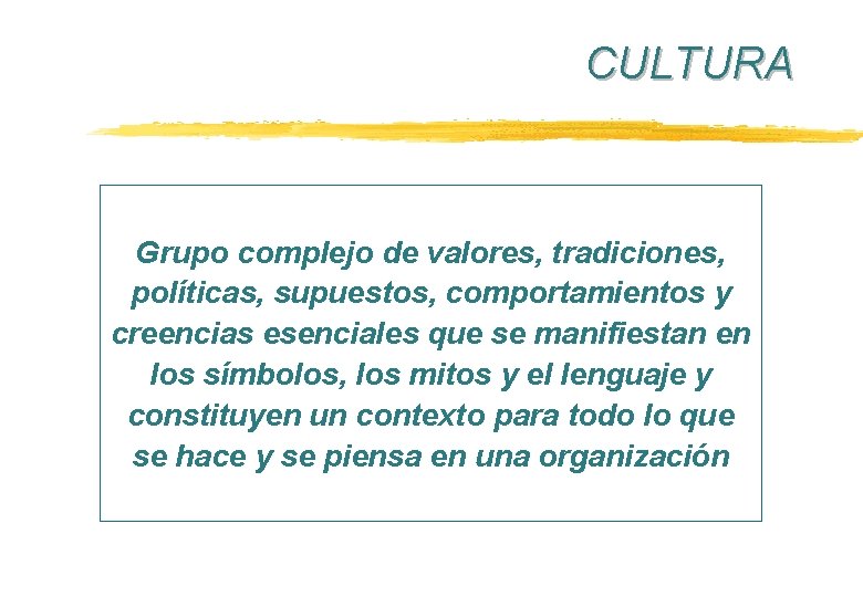 CULTURA Grupo complejo de valores, tradiciones, políticas, supuestos, comportamientos y creencias esenciales que se