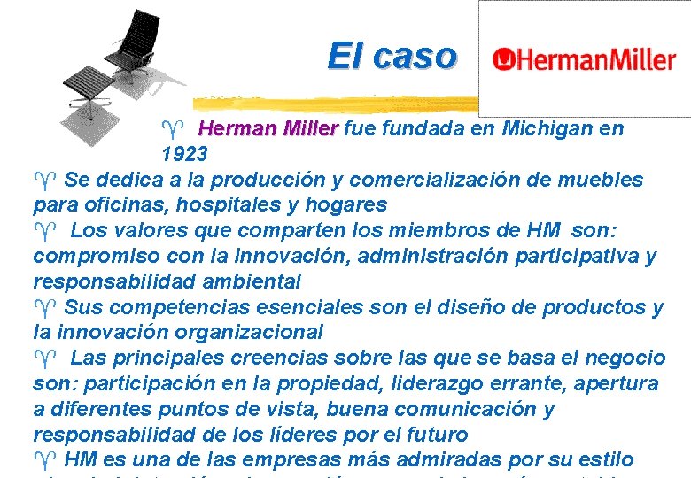 El caso ^ Herman Miller fue fundada en Michigan en 1923 ^ Se dedica El caso ^ Herman Miller fue fundada en Michigan en 1923 ^ Se dedica