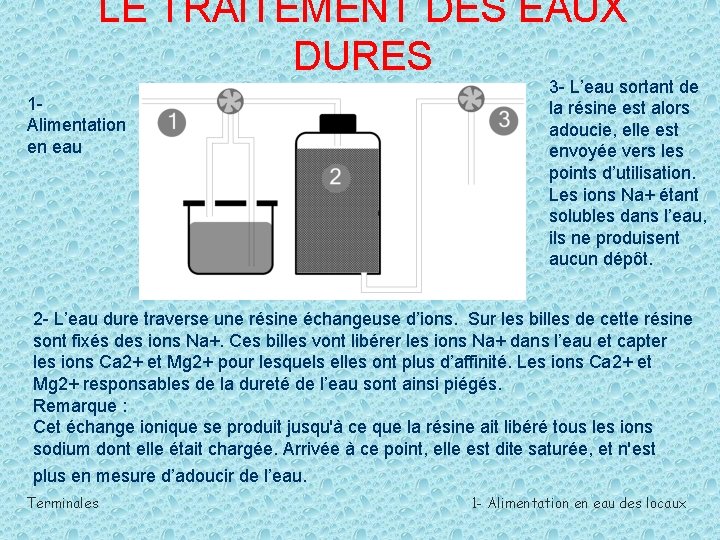 LE TRAITEMENT DES EAUX DURES 1 - Alimentation en eau 3 - L’eau sortant