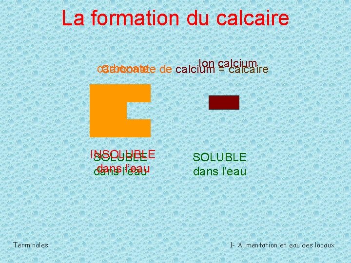 La formation du calcaire Ion calcium carbonate Carbonate de calcium = calcaire INSOLUBLE dans