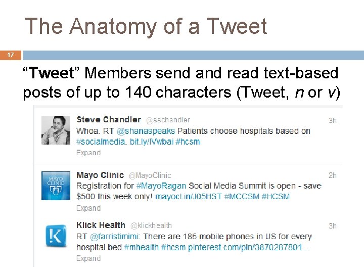 The Anatomy of a Tweet 17 “Tweet” Members send and read text-based posts of