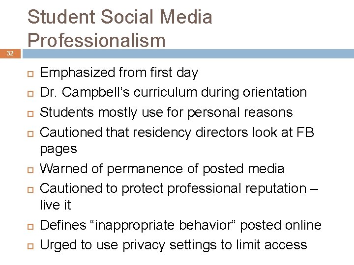 32 Student Social Media Professionalism Emphasized from first day Dr. Campbell’s curriculum during orientation