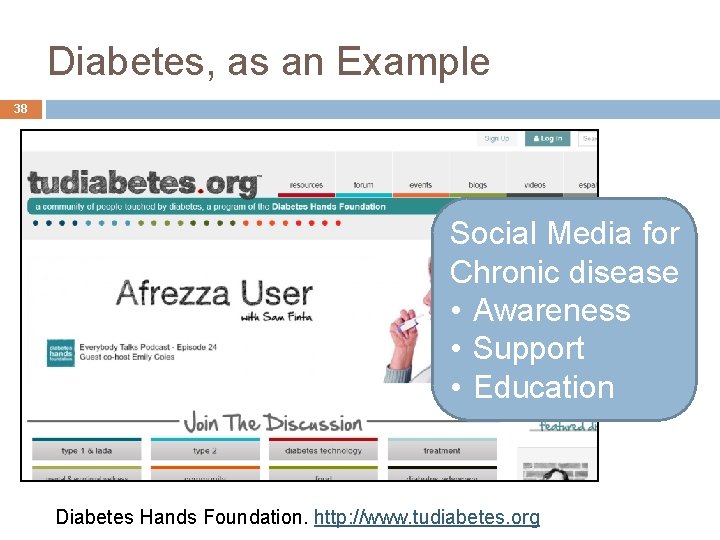 Diabetes, as an Example 38 Social Media for Chronic disease • Awareness • Support