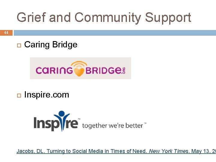 Grief and Community Support 44 Caring Bridge Inspire. com Jacobs, DL. Turning to Social