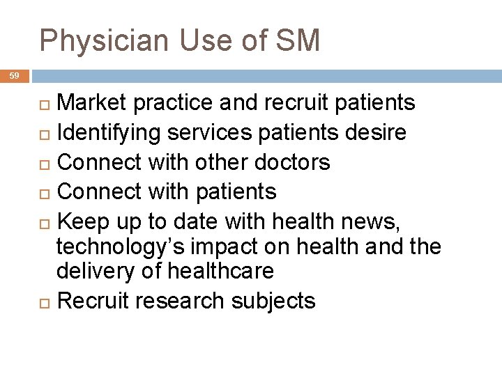 Physician Use of SM 59 Market practice and recruit patients Identifying services patients desire