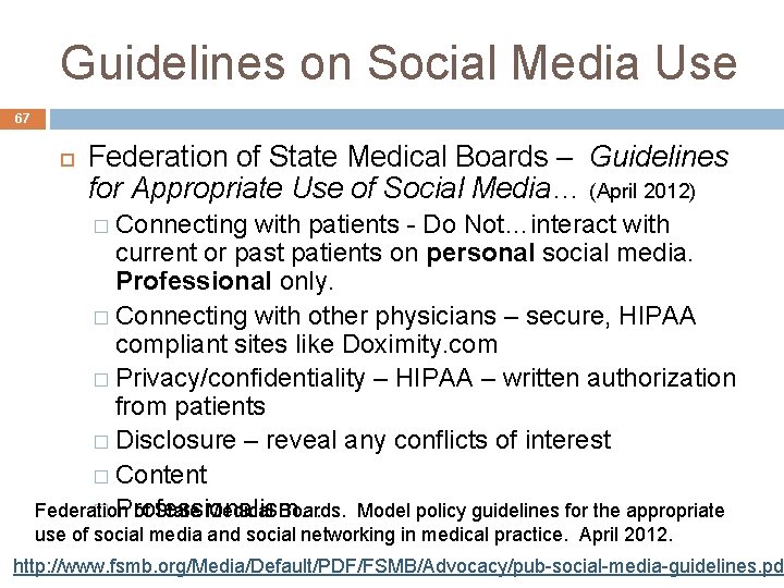 Guidelines on Social Media Use 67 Federation of State Medical Boards – Guidelines for