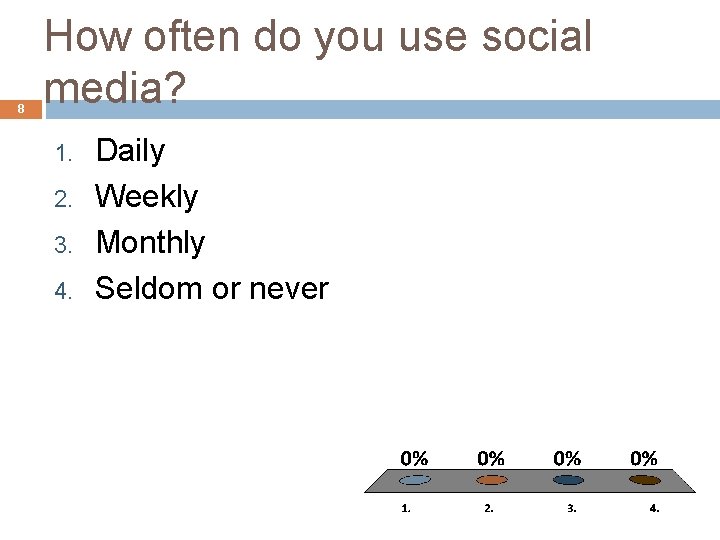 8 How often do you use social media? 1. 2. 3. 4. Daily Weekly