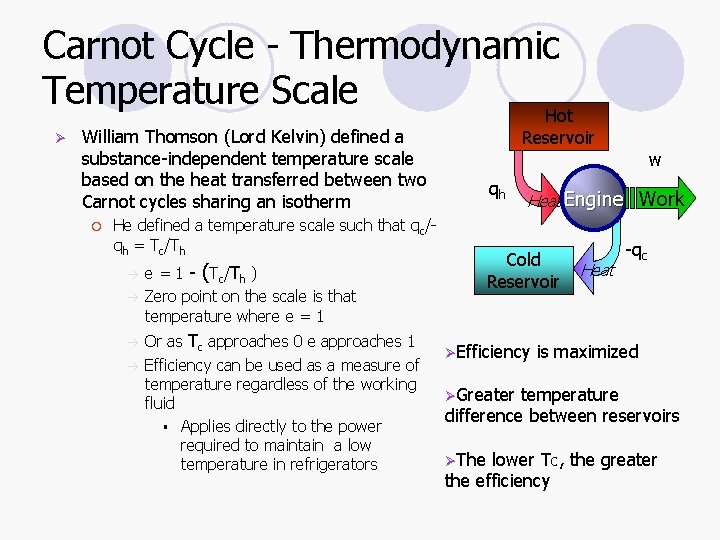Carnot Cycle - Thermodynamic Temperature Scale Hot Ø William Thomson (Lord Kelvin) defined a