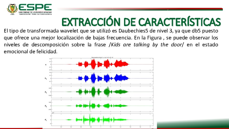 EXTRACCIÓN DE CARACTERÍSTICAS El tipo de transformada wavelet que se utilizó es Daubechies 5