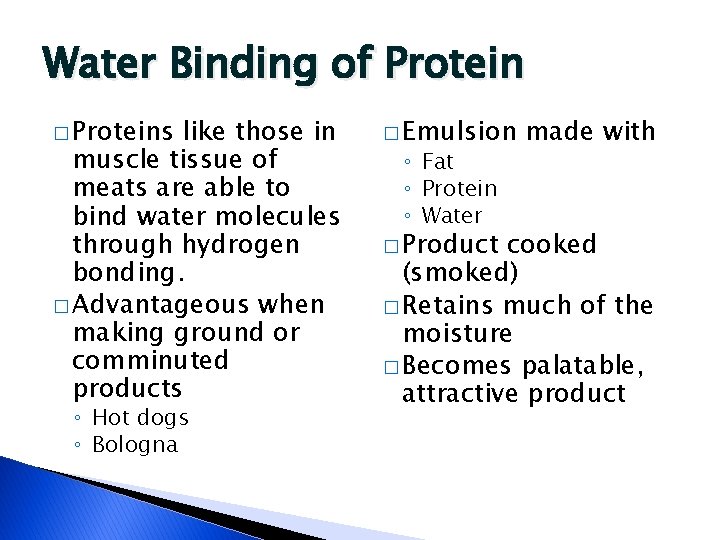 Water Binding of Protein � Proteins like those in muscle tissue of meats are