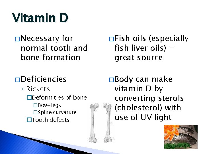 Vitamin D � Necessary for normal tooth and bone formation � Fish � Deficiencies