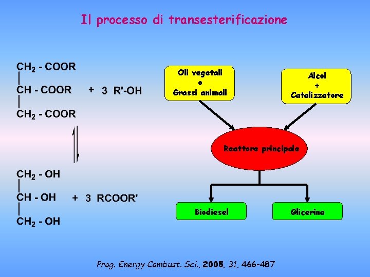 Il processo di transesterificazione Oli vegetali o Grassi animali Alcol + Catalizzatore Reattore principale Il processo di transesterificazione Oli vegetali o Grassi animali Alcol + Catalizzatore Reattore principale