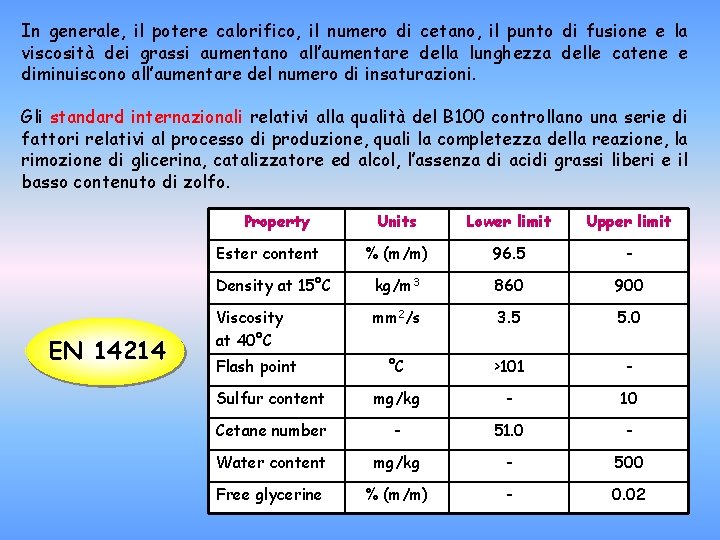 In generale, il potere calorifico, il numero di cetano, il punto di fusione e In generale, il potere calorifico, il numero di cetano, il punto di fusione e