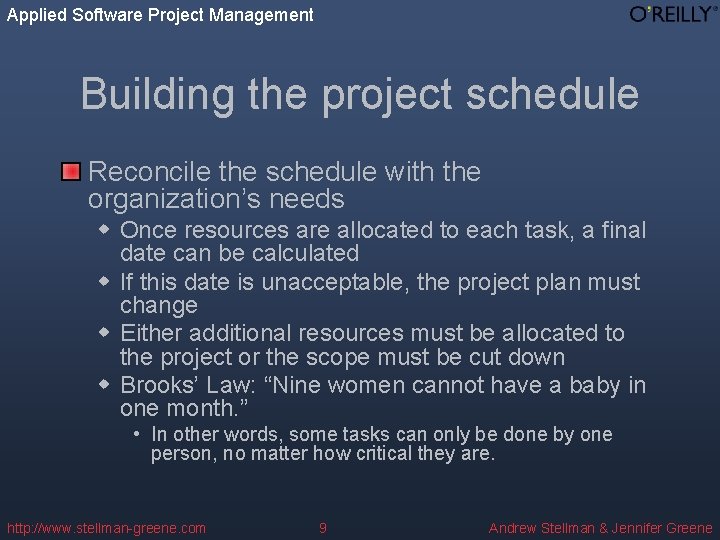 Applied Software Project Management Building the project schedule Reconcile the schedule with the organization’s