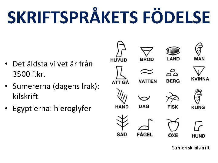 SKRIFTSPRÅKETS FÖDELSE • Det äldsta vi vet är från 3500 f. kr. • Sumererna SKRIFTSPRÅKETS FÖDELSE • Det äldsta vi vet är från 3500 f. kr. • Sumererna