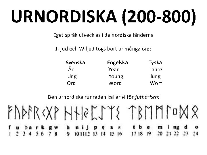 URNORDISKA (200 -800) Eget språk utvecklas i de nordiska länderna J-ljud och W-ljud togs URNORDISKA (200 -800) Eget språk utvecklas i de nordiska länderna J-ljud och W-ljud togs