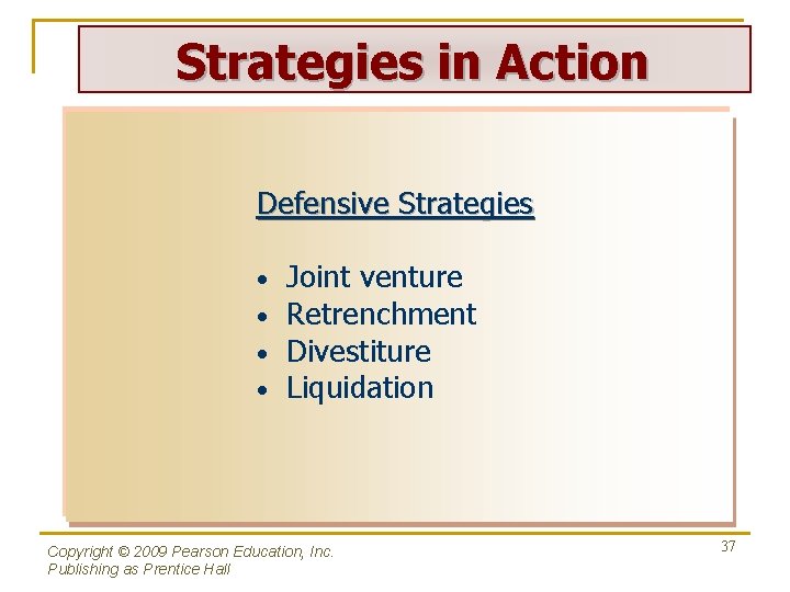 Strategies in Action Defensive Strategies • • Joint venture Retrenchment Divestiture Liquidation Copyright ©